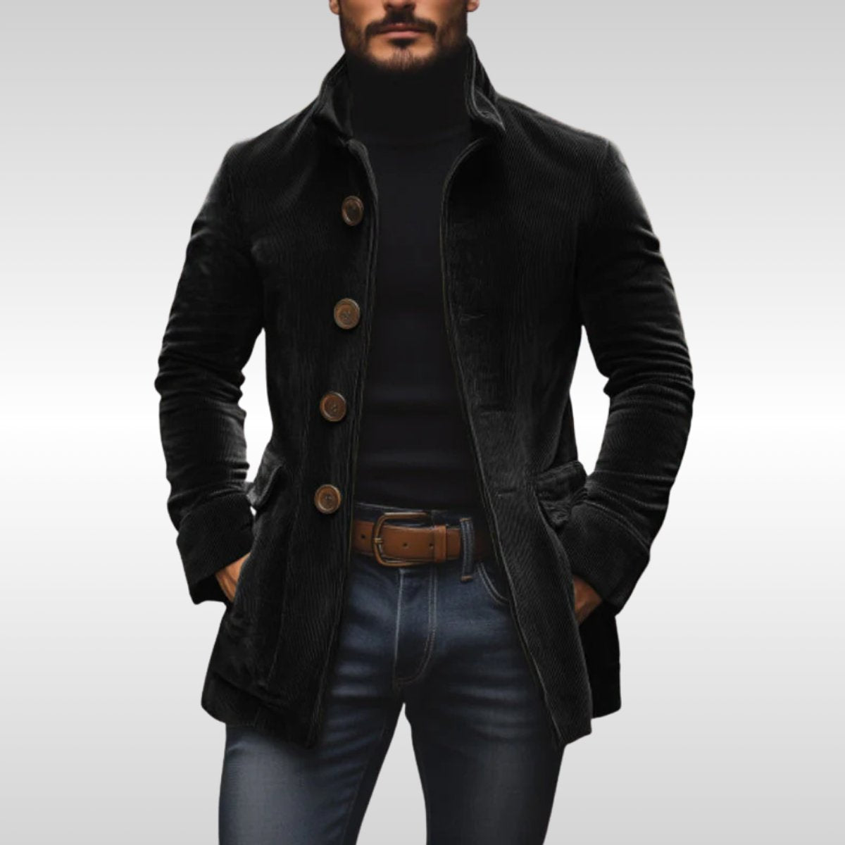 Men's Slim-Fit Corduroy Stand-Collar Coat - Tailored Wool Blend - Black