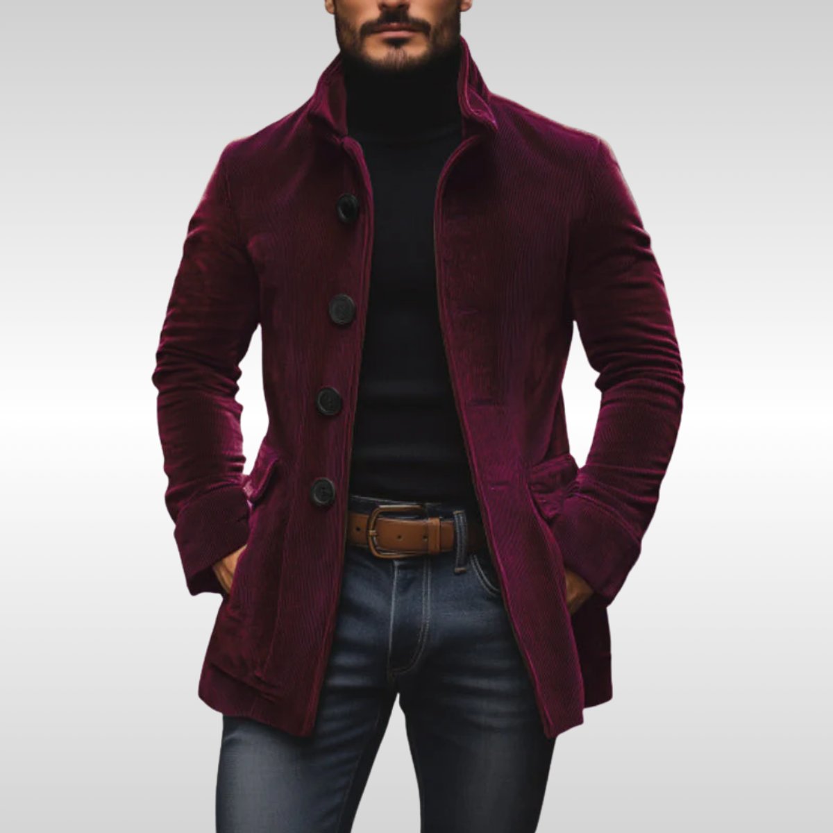 Men's Slim-Fit Corduroy Stand-Collar Coat - Tailored Wool Blend - Burgundy