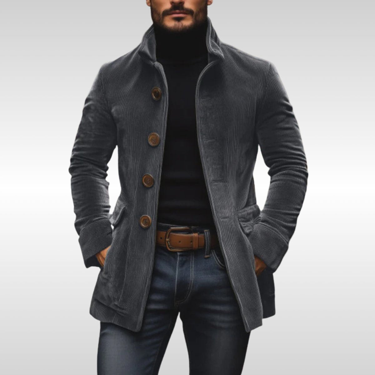 Men's Slim-Fit Corduroy Stand-Collar Coat - Tailored Wool Blend - Gray