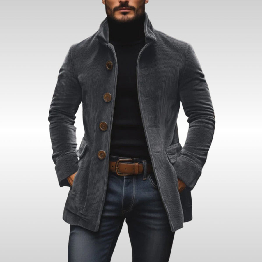 Men's Slim-Fit Corduroy Stand-Collar Coat - Tailored Wool Blend - Gray