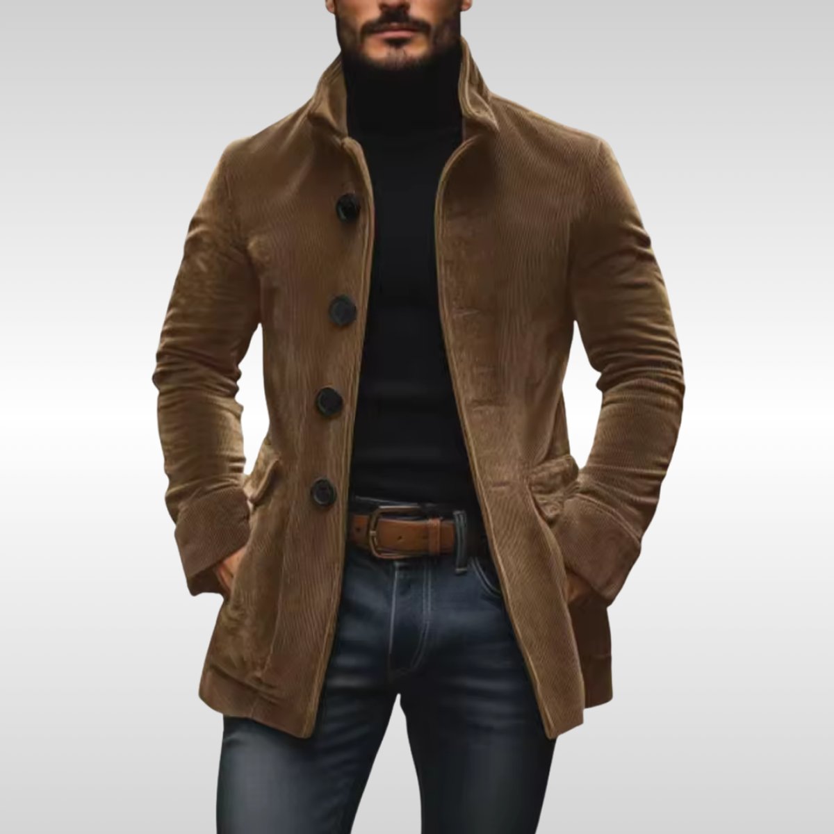 Men's Slim-Fit Corduroy Stand-Collar Coat - Tailored Wool Blend - Light Brown