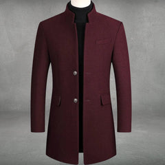 Men's Slim-Fit Wool Blend Overcoat Standing Collar | Autumn - Burgundy