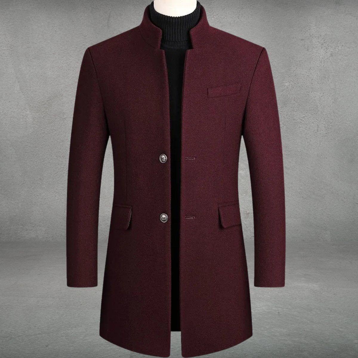 Men's Slim-Fit Wool Blend Overcoat Standing Collar | Autumn - Burgundy