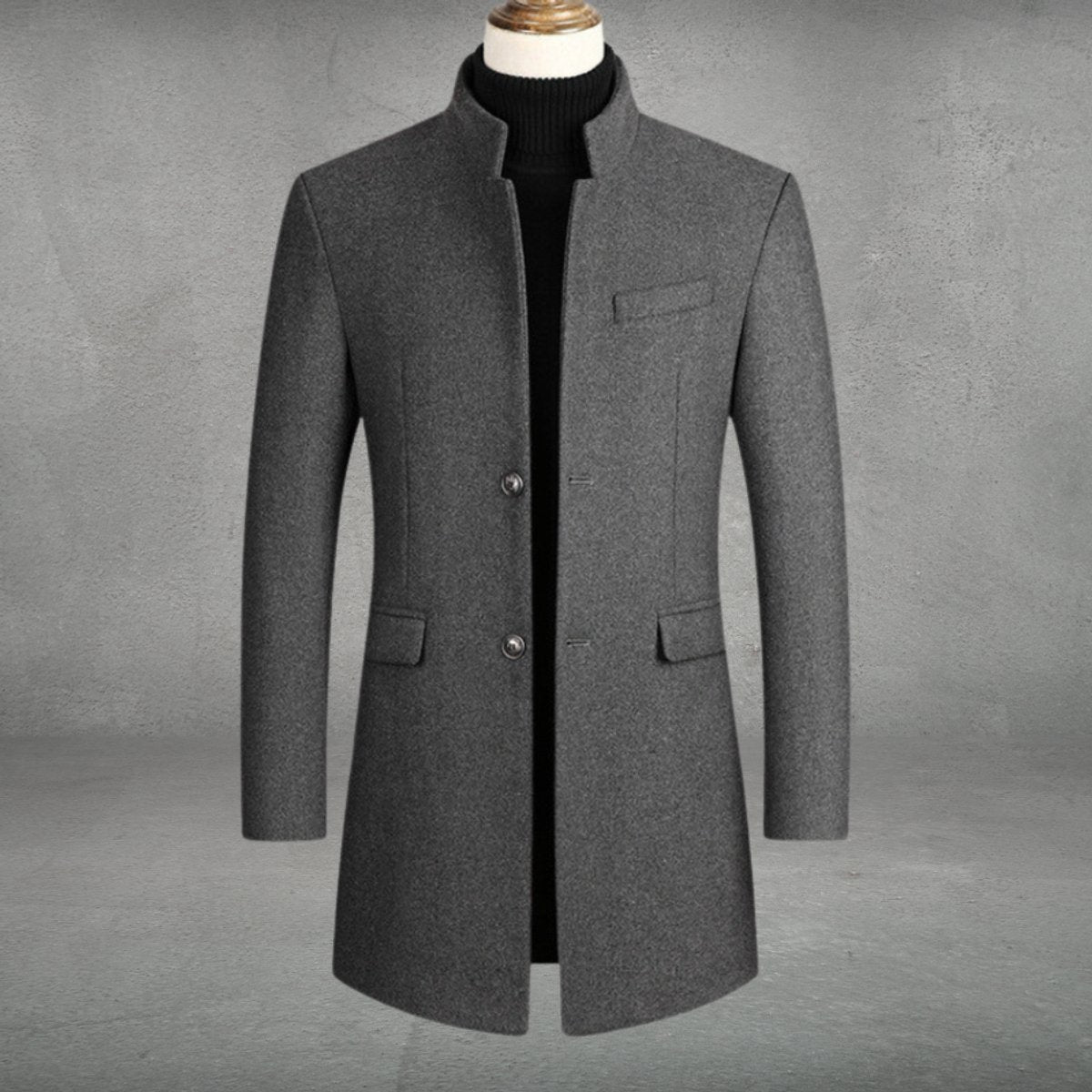 Men's Slim-Fit Wool Blend Overcoat Standing Collar | Autumn - Gray