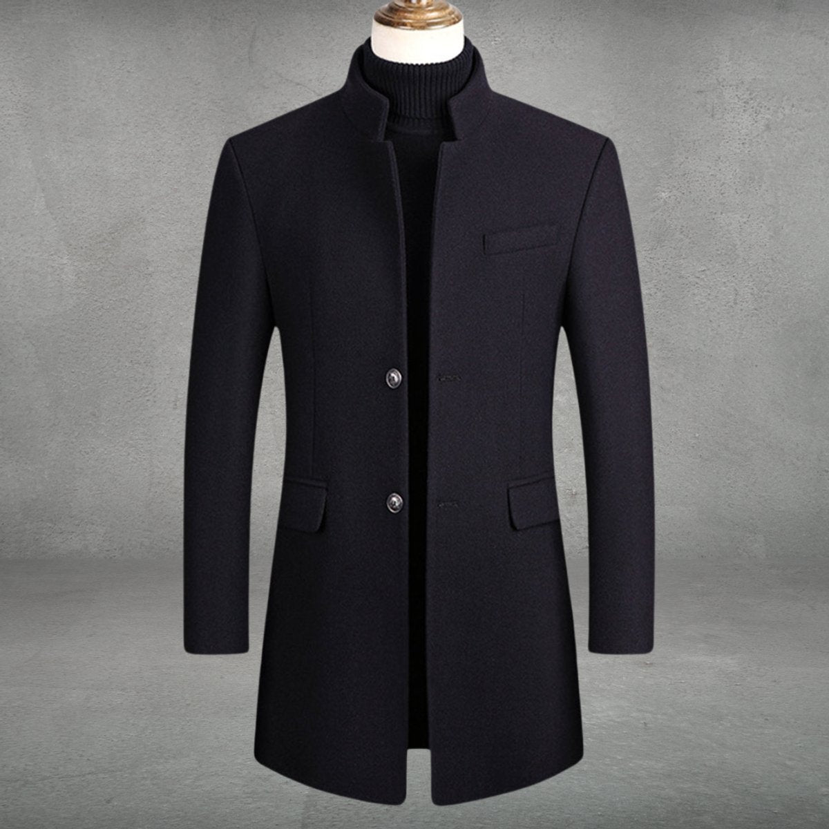 Men's Slim-Fit Wool Blend Overcoat Standing Collar | Autumn - Navy
