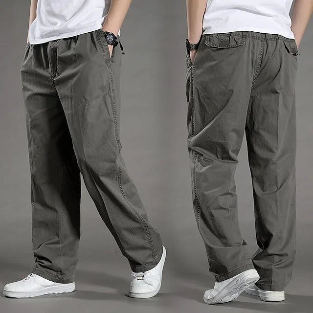 Men's Straight Cargo Pants - Elastic Waist Cotton | Spring - Green