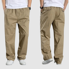 Men's Straight Cargo Pants - Elastic Waist Cotton | Spring - Khaki