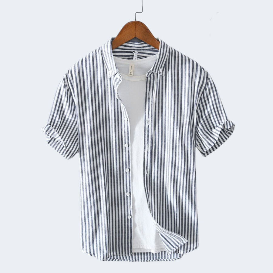 Men's Striped Short-Sleeve Summer Shirt - Lightweight & Breathable - Blue