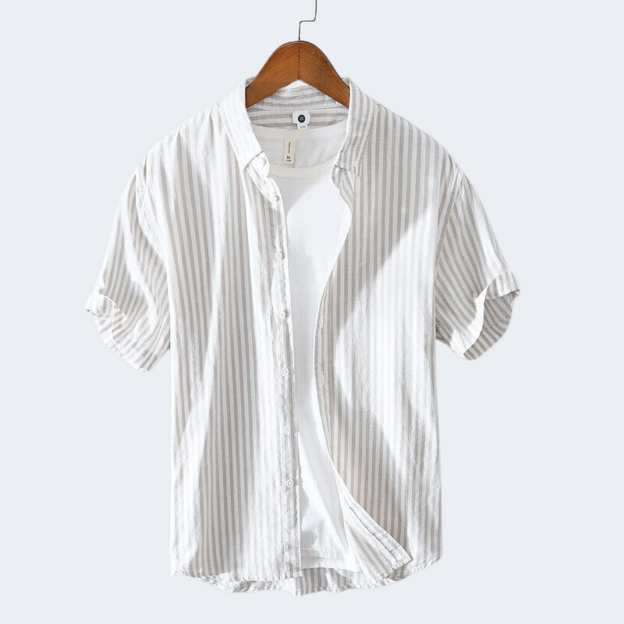 Men's Striped Short-Sleeve Summer Shirt - Lightweight & Breathable - Khaki
