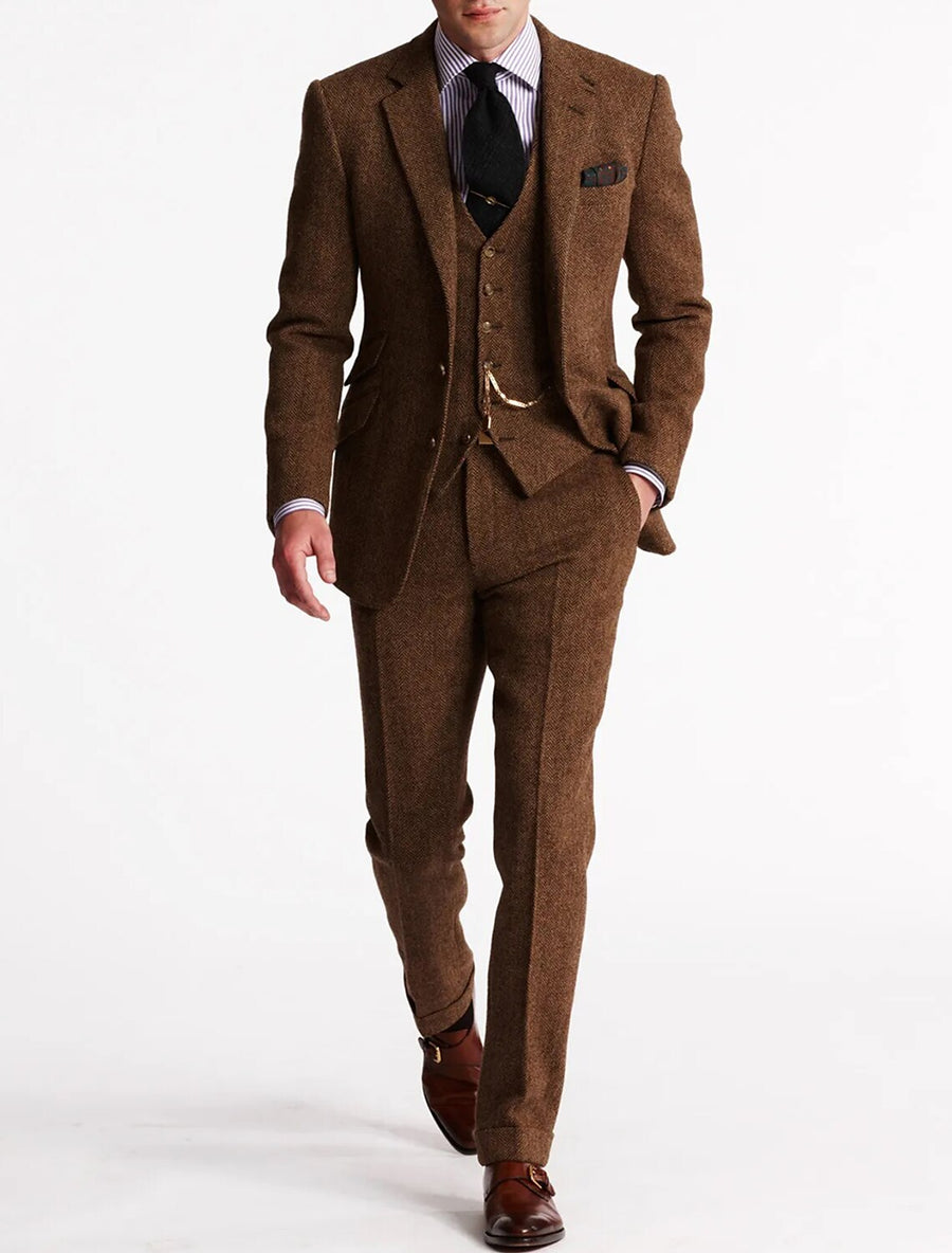Men's Three-Piece Business Suit Set - Tailored Fit | Fall - Brown