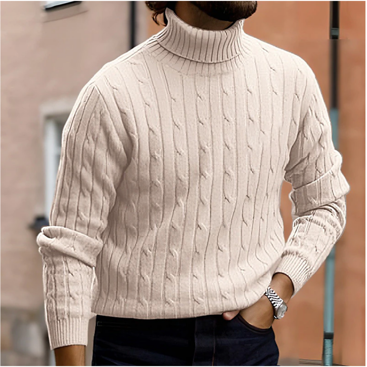 Men's Turtleneck | Ribbed Knit | Classic Style | Winter - Beige