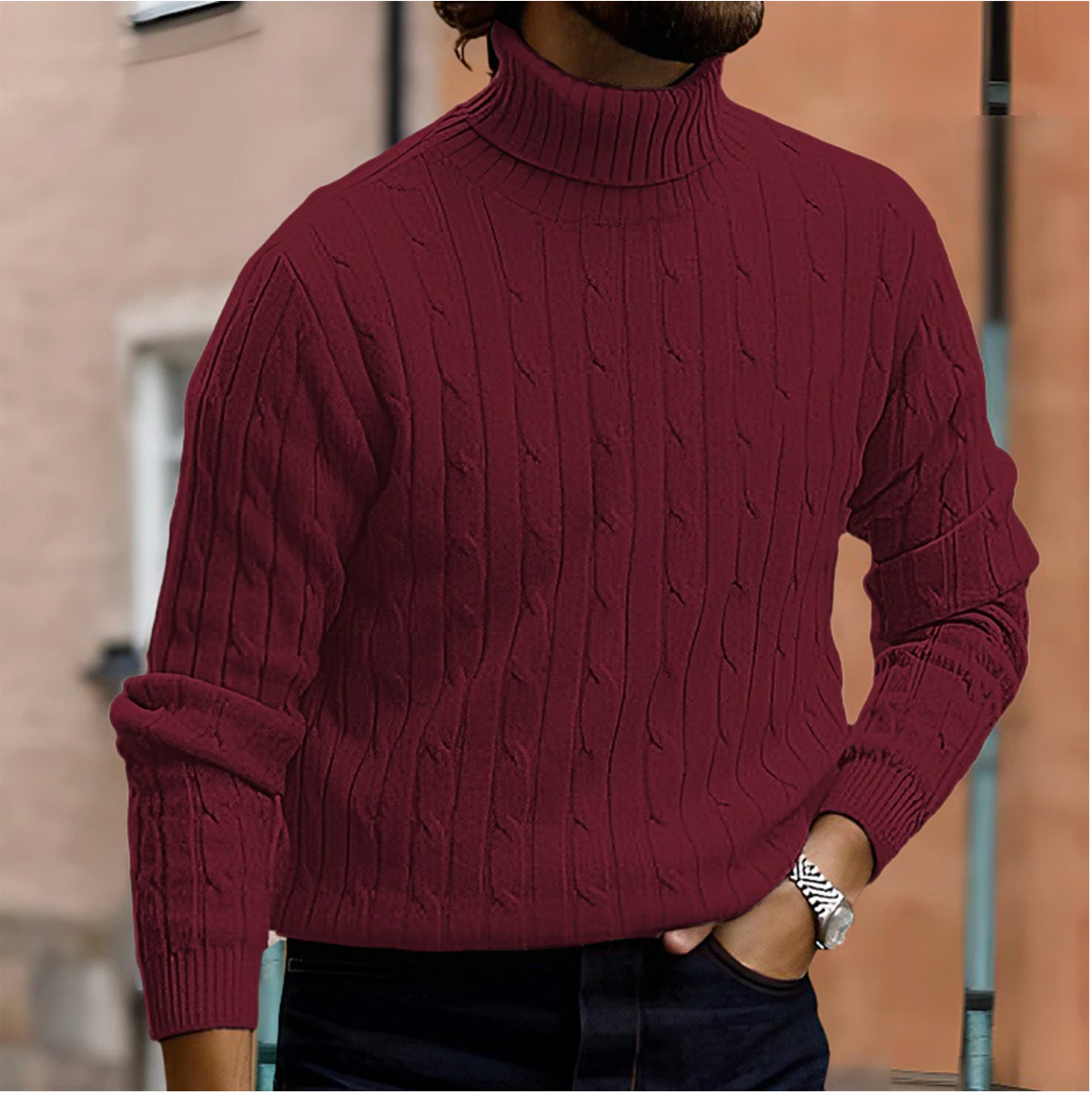 Men's Turtleneck | Ribbed Knit | Classic Style | Winter - Red