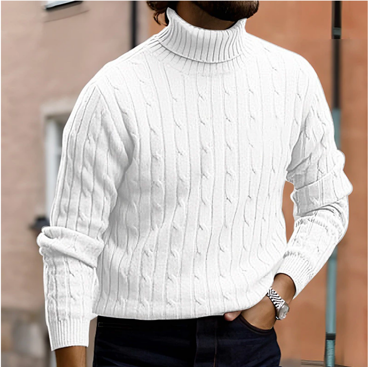 Men's Turtleneck | Ribbed Knit | Classic Style | Winter - White