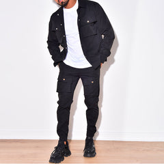 Men's Two-Piece Cargo Suit Set - Functional Workwear | Autumn - Black