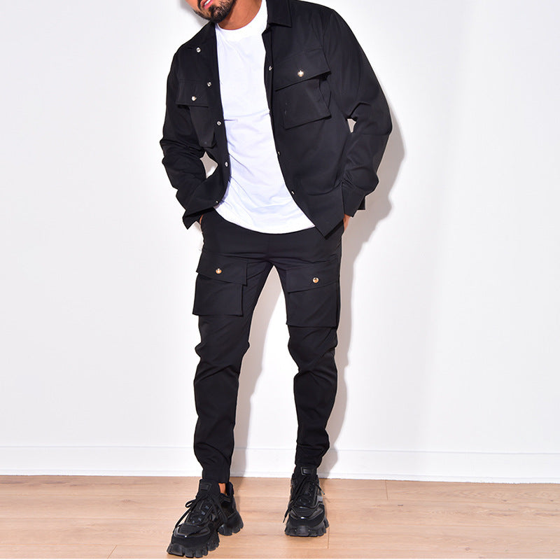 Men's Two-Piece Cargo Suit Set - Functional Workwear | Autumn - Black