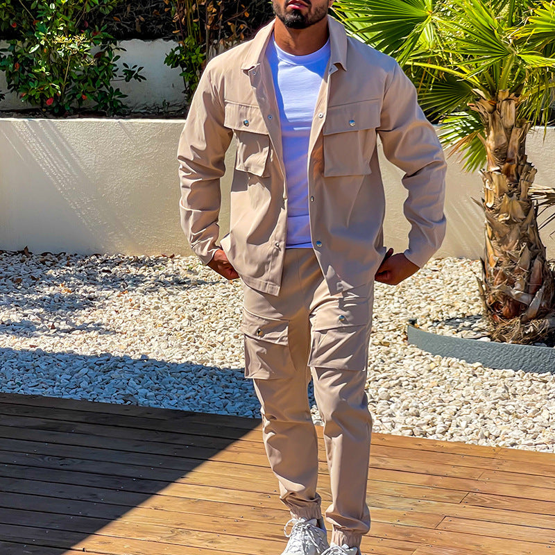 Men's Two-Piece Cargo Suit Set - Functional Workwear | Autumn - Brown