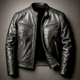 Men's Vintage Biker Leather Jacket - Full-Zip Moto | Autumn - Black