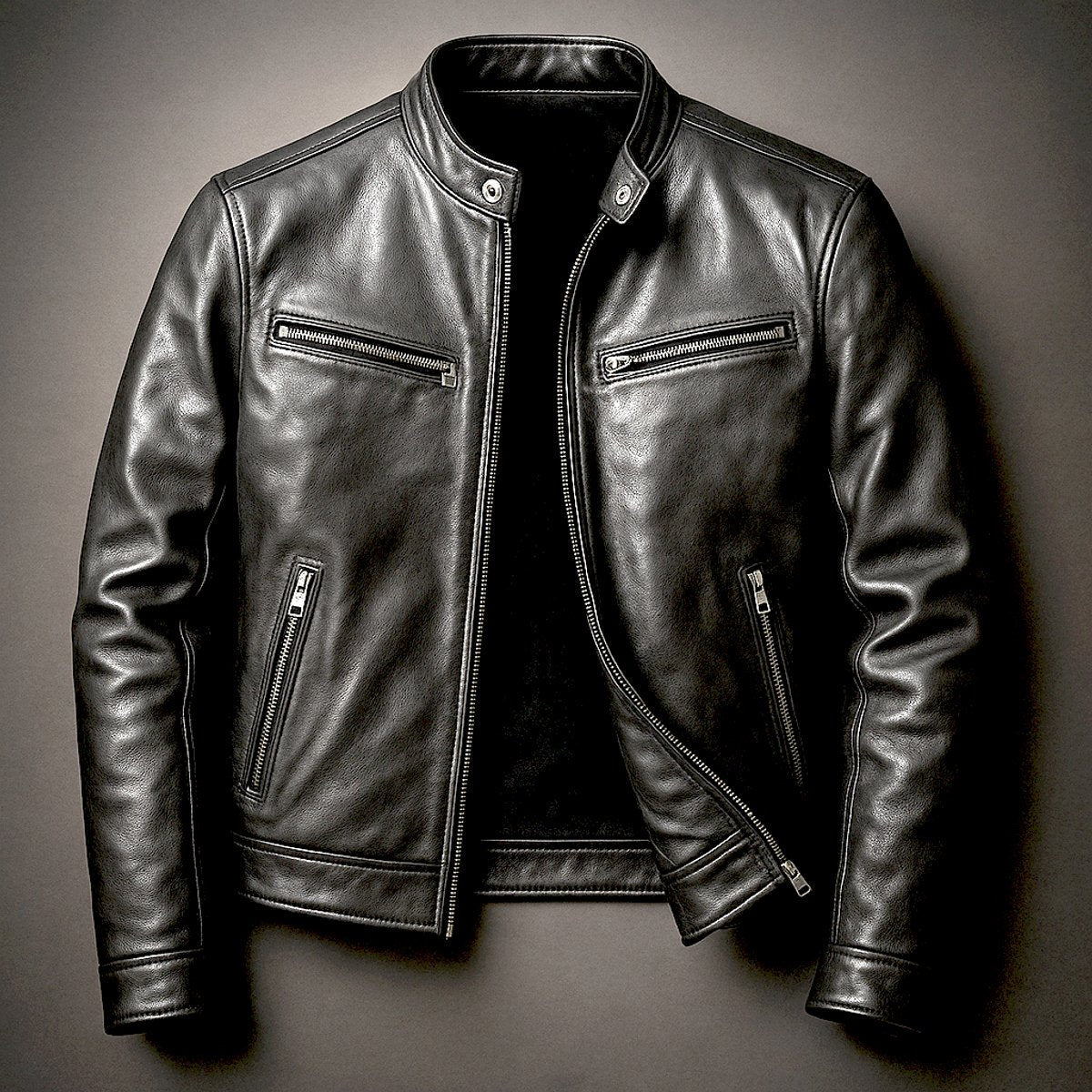 Men's Vintage Biker Leather Jacket - Full-Zip Moto | Autumn - Black