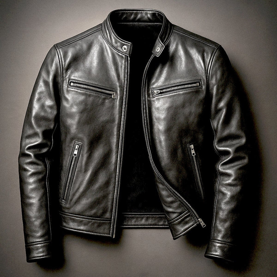 Men's Vintage Biker Leather Jacket - Full-Zip Moto | Autumn - Black