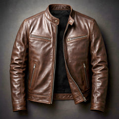 Men's Vintage Biker Leather Jacket - Full-Zip Moto | Autumn - Cigar Brown
