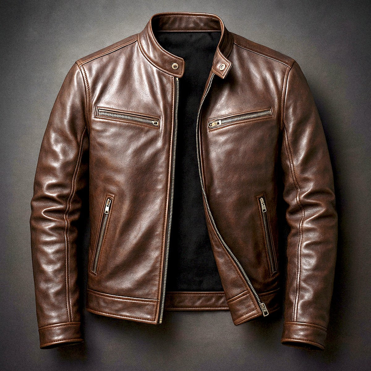 Men's Vintage Biker Leather Jacket - Full-Zip Moto | Autumn - Cigar Brown