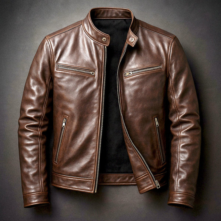 Men's Vintage Biker Leather Jacket - Full-Zip Moto | Autumn - Cigar Brown