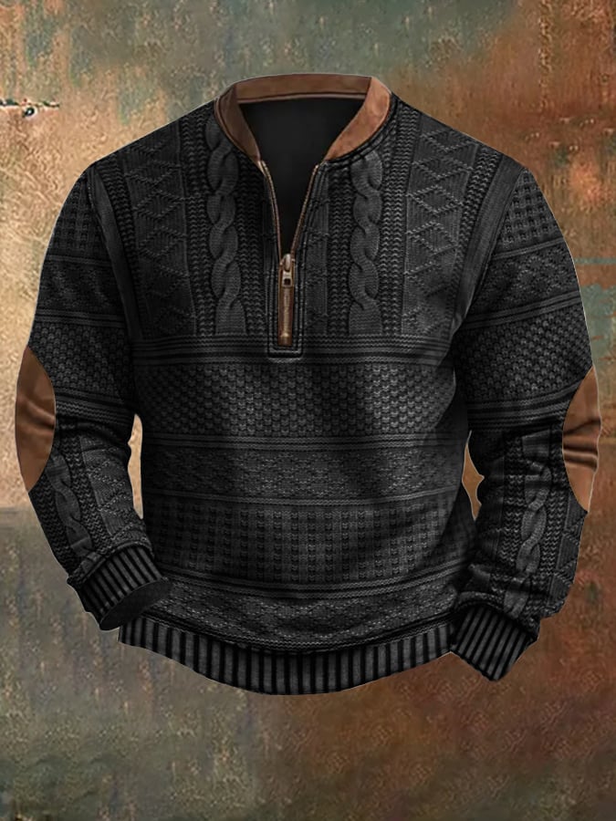 Men's Vintage Knit Sweater with Zip - Casual Comfort | Autumn - Black