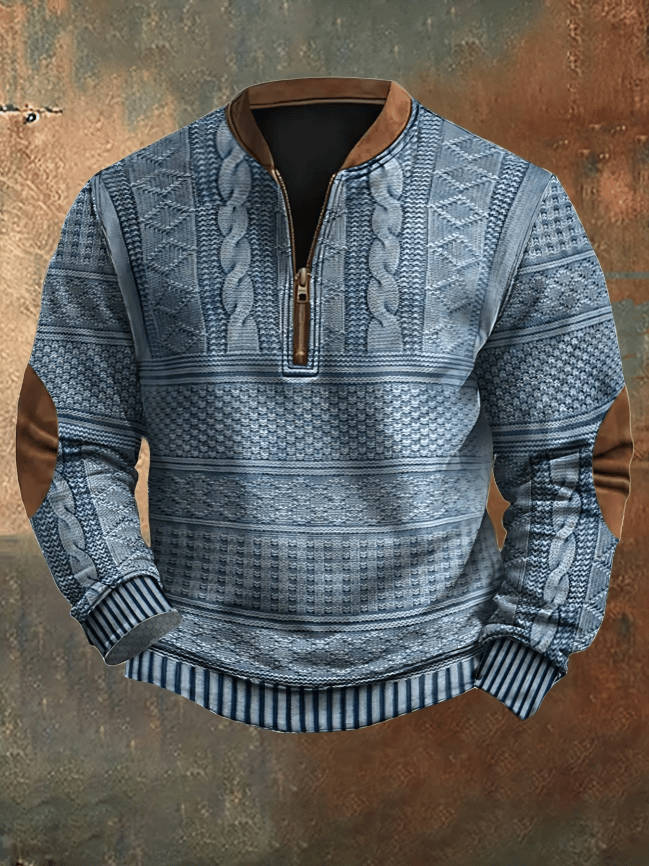 Men's Vintage Knit Sweater with Zip - Casual Comfort | Autumn - Blue