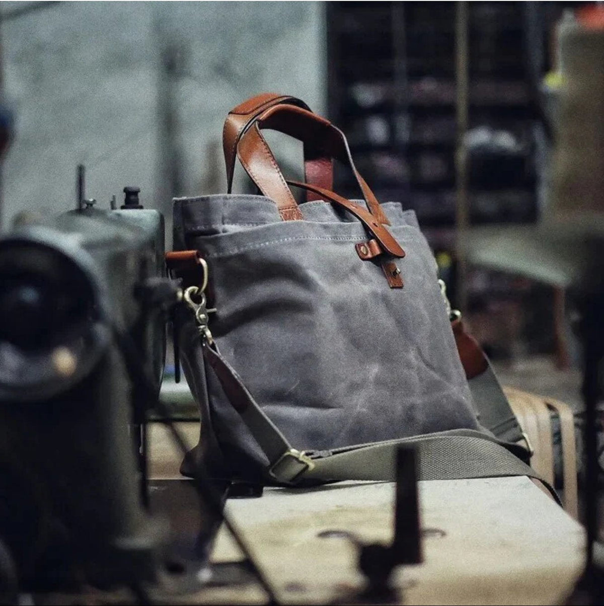 Men's Waxed Canvas Tote Bag with Leather Trim - Weather-Resistant
