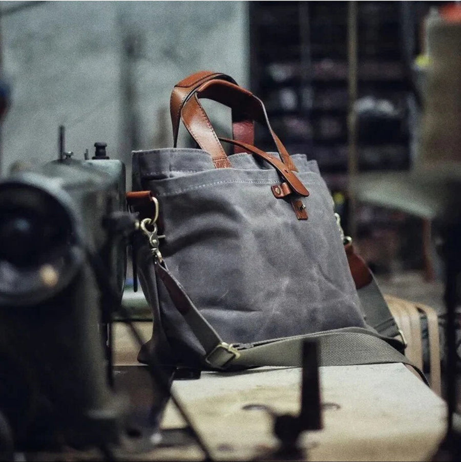 Men's Waxed Canvas Tote Bag with Leather Trim - Weather-Resistant