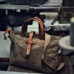 Men's Waxed Canvas Tote Bag with Leather Trim - Weather-Resistant