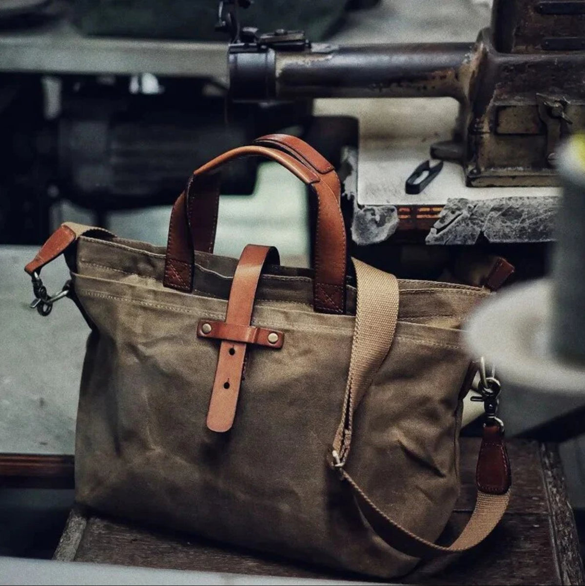 Men's Waxed Canvas Tote Bag with Leather Trim - Weather-Resistant
