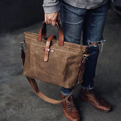 Men's Waxed Canvas Tote Bag with Leather Trim - Weather-Resistant