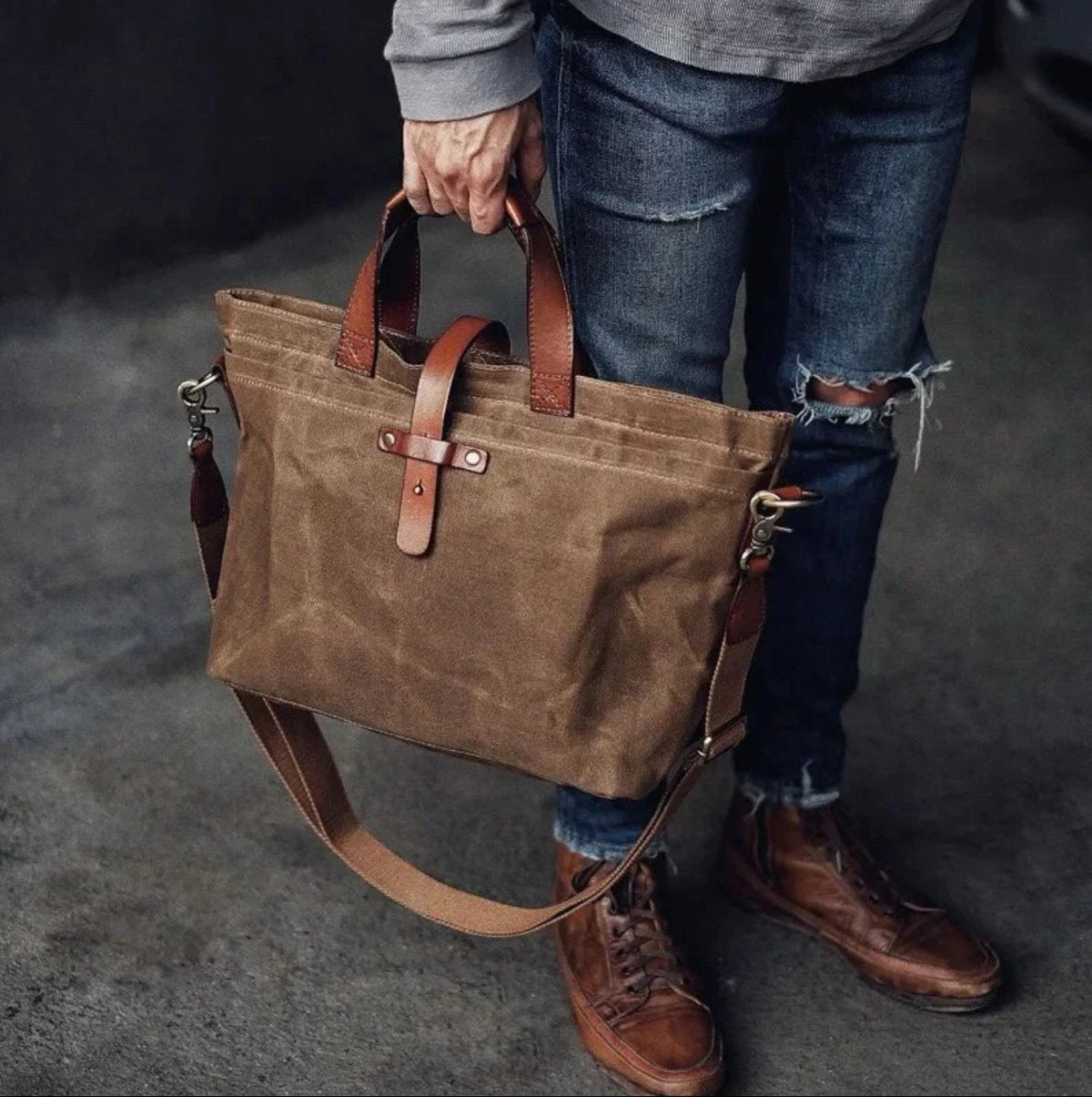 Men's Waxed Canvas Tote Bag with Leather Trim - Weather-Resistant