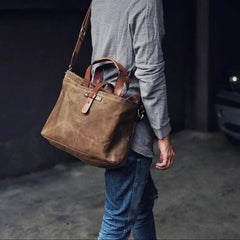 Men's Waxed Canvas Tote Bag with Leather Trim - Weather-Resistant