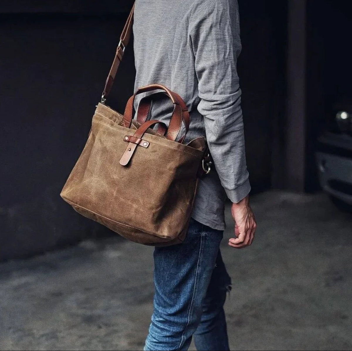 Men's Waxed Canvas Tote Bag with Leather Trim - Weather-Resistant