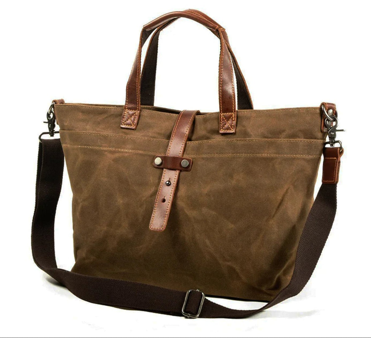 Men's Waxed Canvas Tote Bag with Leather Trim - Weather-Resistant - Tobacco