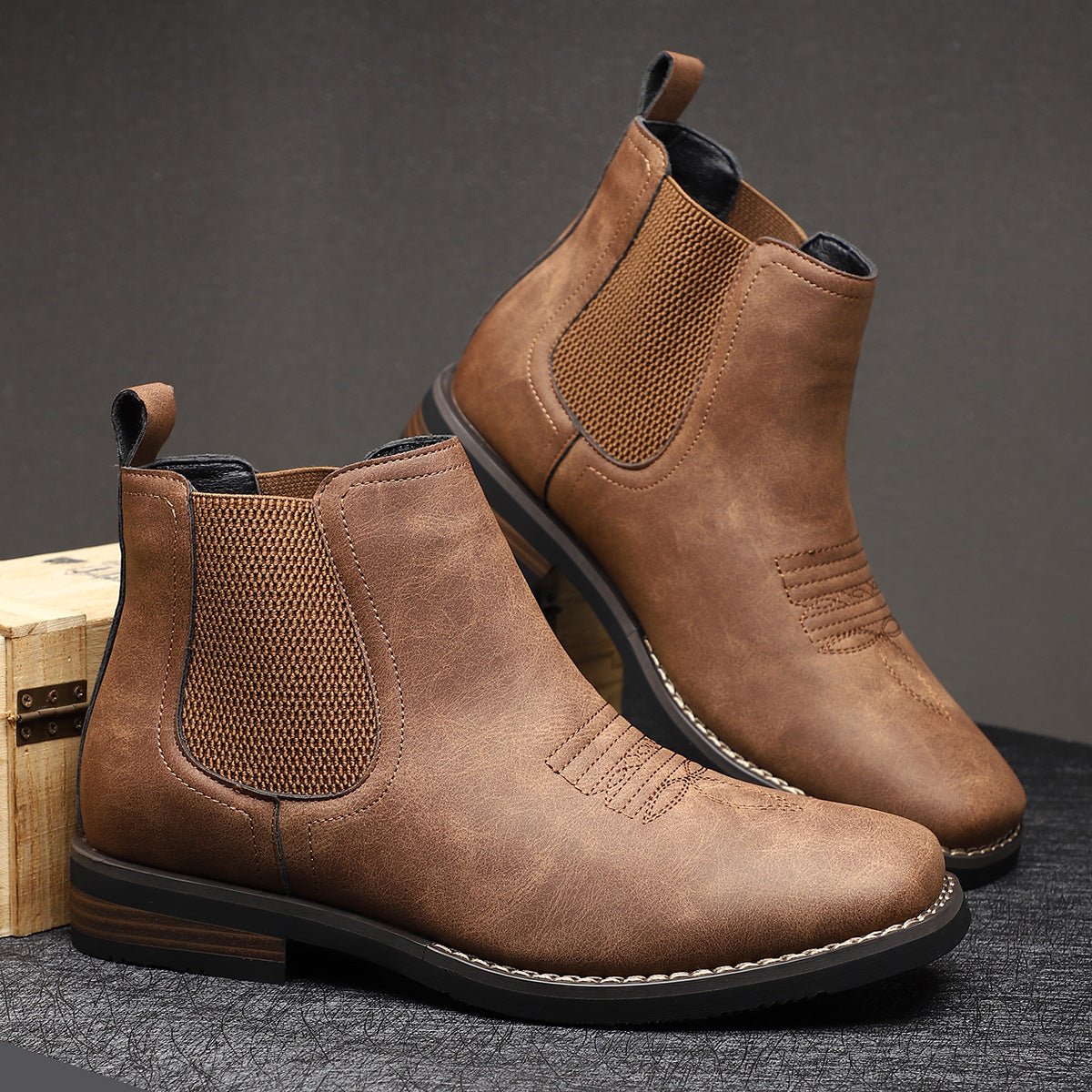 Men's Western Chelsea Slip-On Ankle Boots - Distressed Tan | Autumn - Chestnut Brown