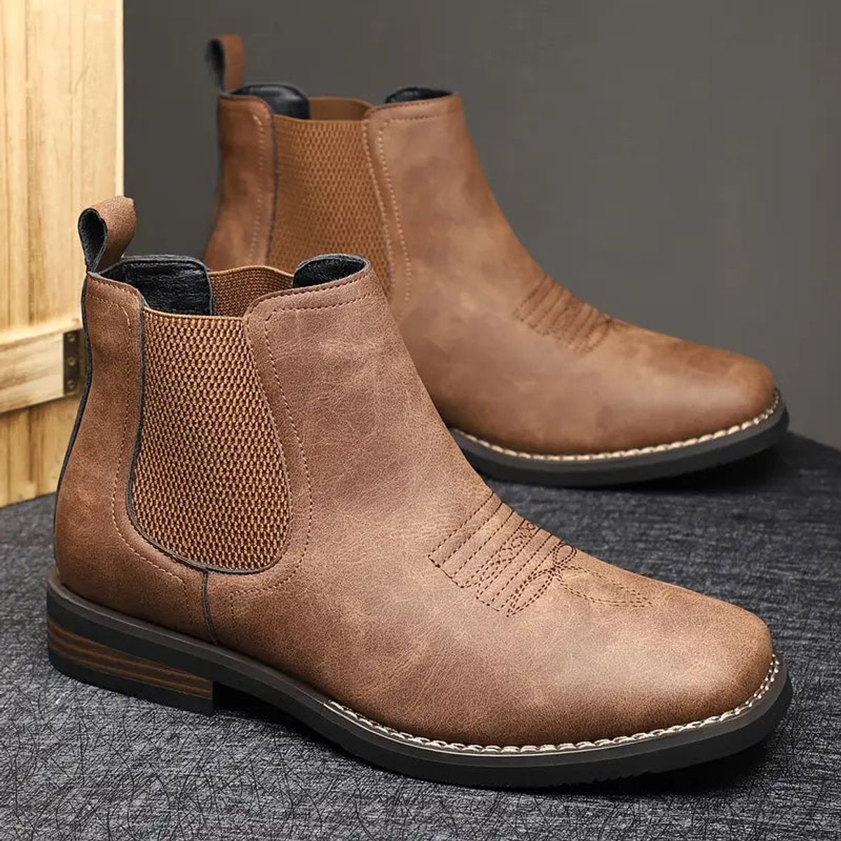 Men's Western Chelsea Slip-On Ankle Boots - Distressed Tan | Autumn
