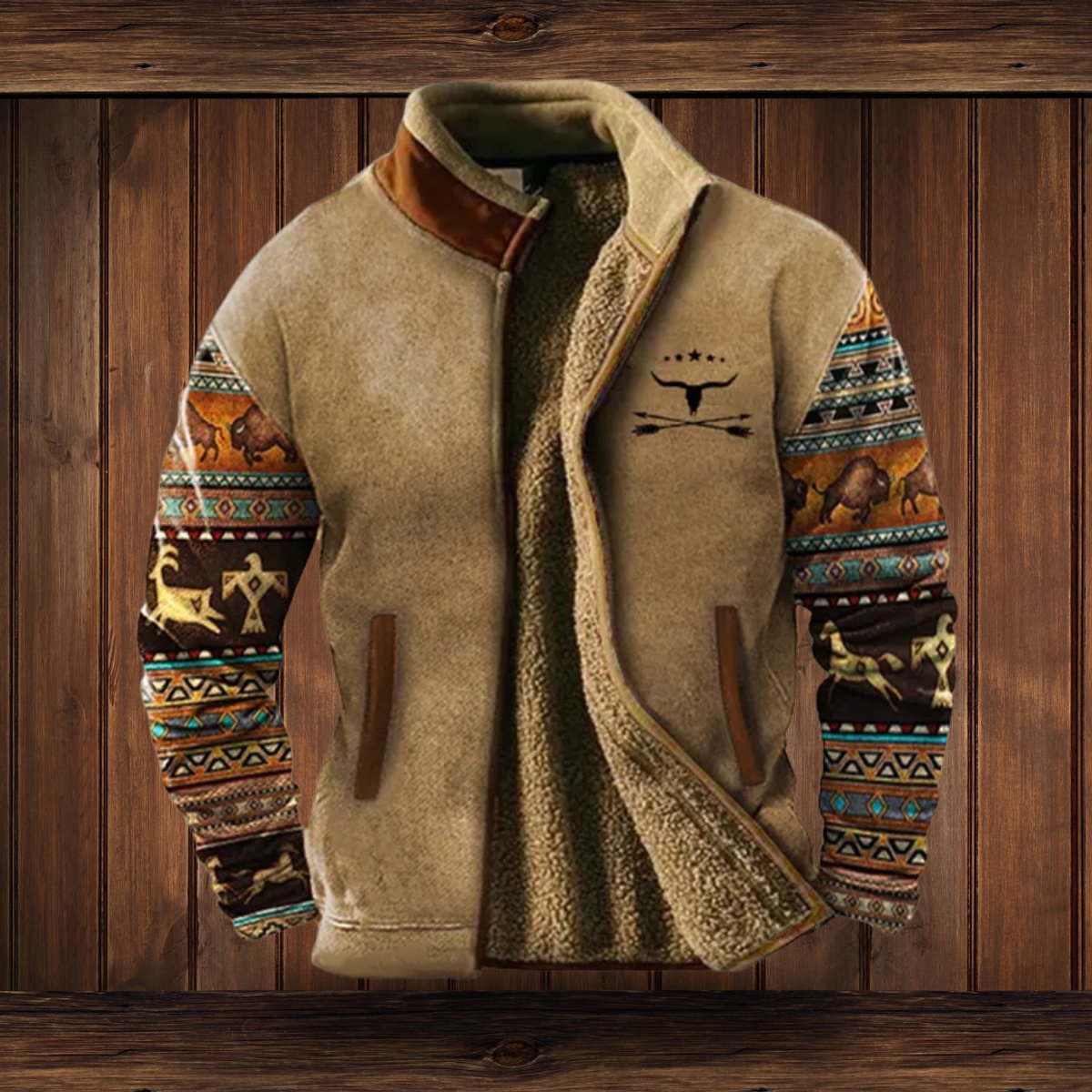 Men's Western Sherpa-Lined Full-Zip Fleece Bomber Jacket | Autumn - Dark Brown