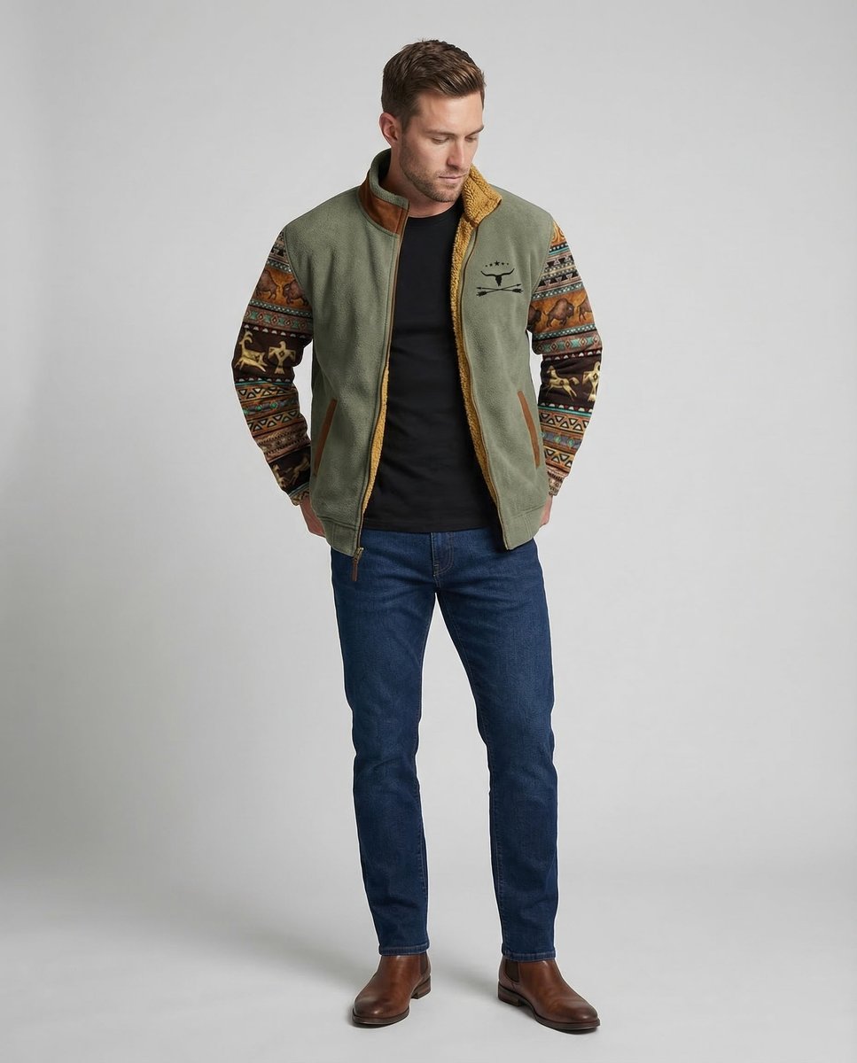 Men's Western Sherpa-Lined Full-Zip Fleece Bomber Jacket | Autumn