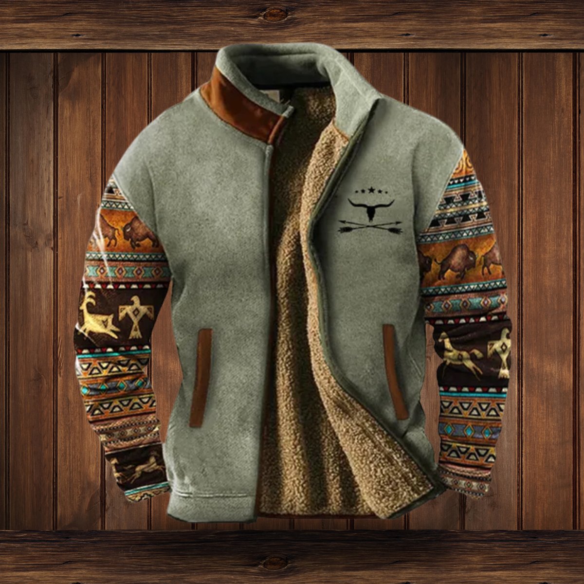 Men's Western Sherpa-Lined Full-Zip Fleece Bomber Jacket | Autumn - Gray