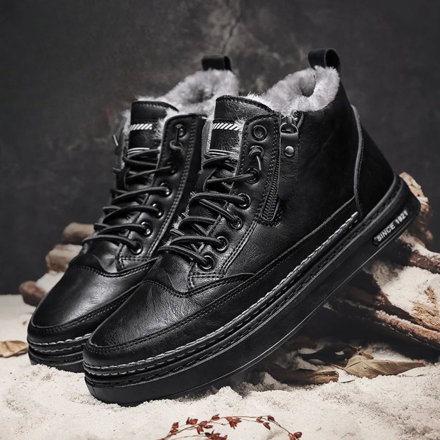 Men's Winter Leather Boots | Fleece-Lined | Warm - Black