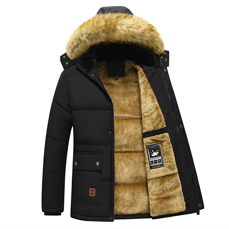 Men's Winter Parka Jacket - Fleece Lined with Faux Fur Hood - Black