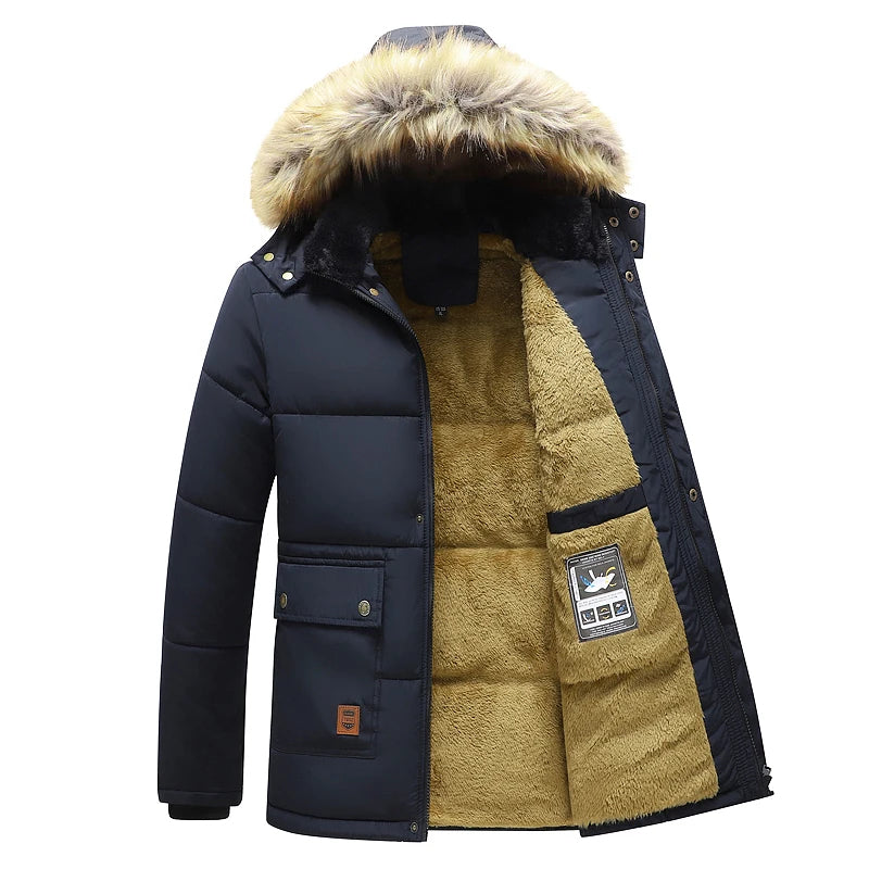 Men's Winter Parka Jacket - Fleece Lined with Faux Fur Hood - Navy