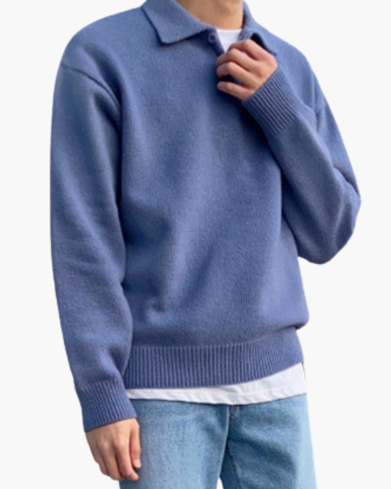 Men's Wool Knit Sweater | Polo Collar | Cozy | Autumn - Blue