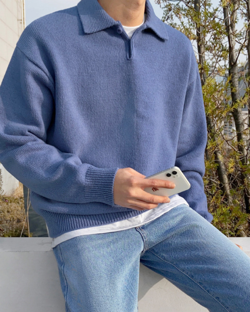 Men's Wool Knit Sweater | Polo Collar | Cozy | Autumn