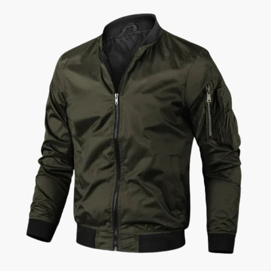 Men's Zip Bomber | Ribbed Details | Winter - Olive