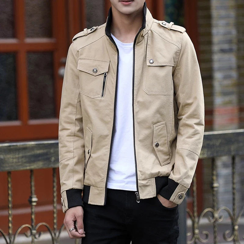 Men's Zip Up Casual Bomber Jacket - Classic Comfort Fit | Autumn - Khaki