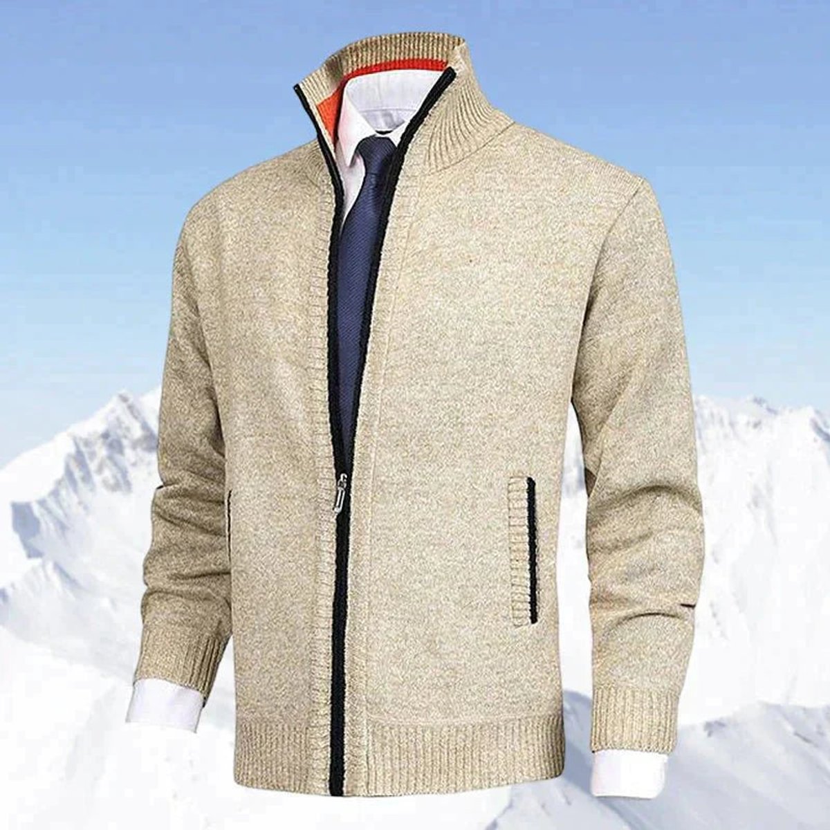 Men's Zip-Up Stand-Collar Fleece-Lined Cardigan Sweater | Autumn - Beige